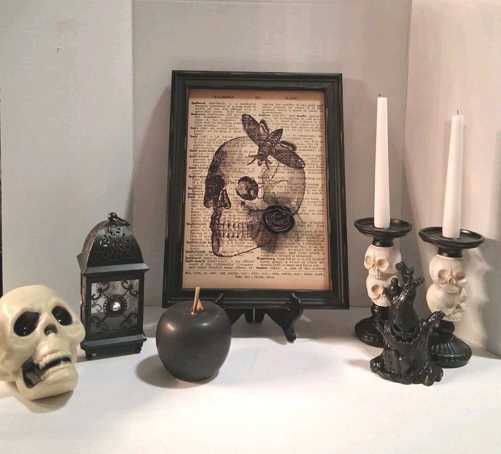 Framed Gothic Skull Aŕt w/Moth & 3D Rose Accents 'Dictionary Art'; Halloween